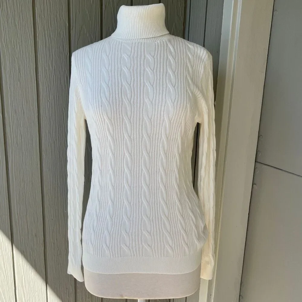Lands’ End Lighthouse Ivory Cotton Cable Knit Turtleneck Sweater NWT M